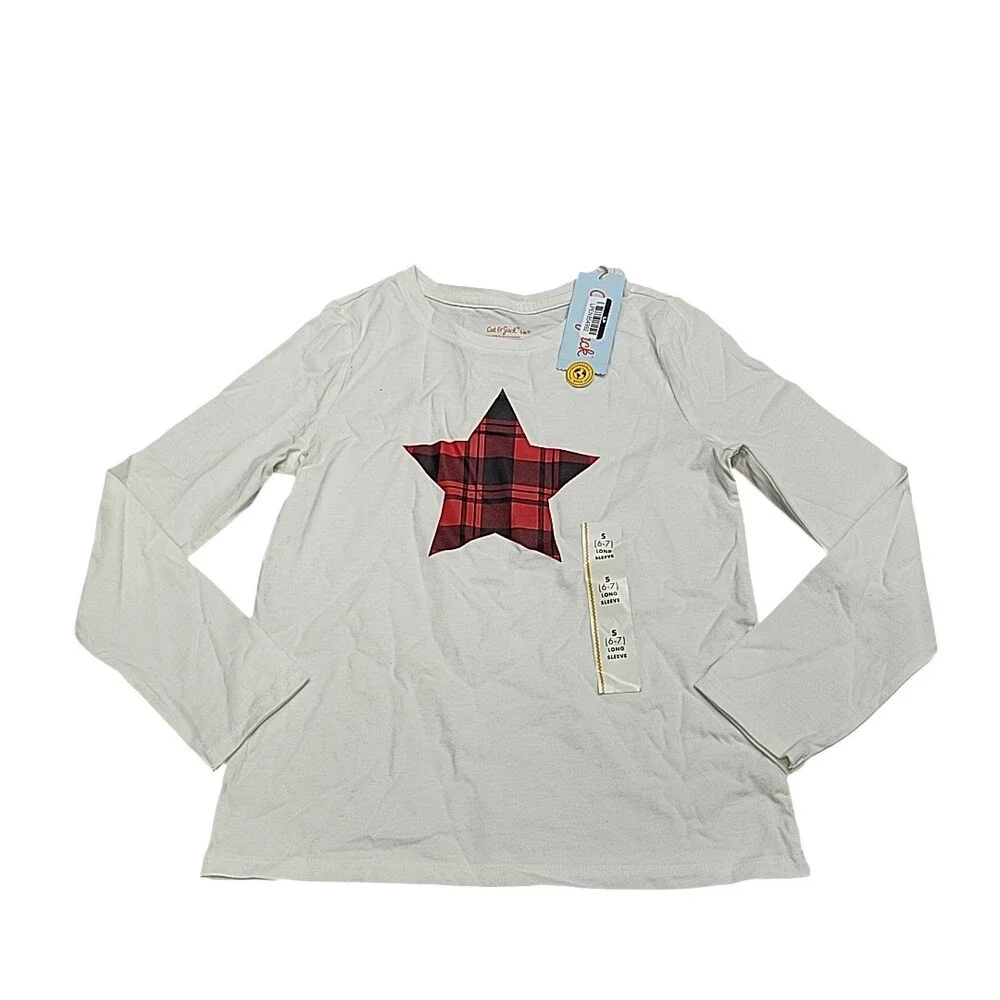Girls Long Sleeves Plaid Star Graphic Tee Shirt Top Small Size 6/7 Cream